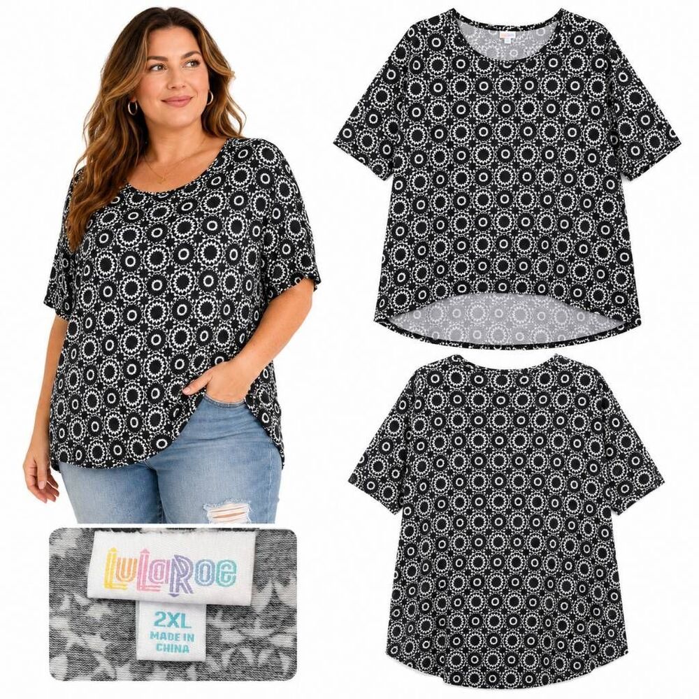 LulaRoo 2XL Black Floral Scoop Neck SS Tunic Shirt